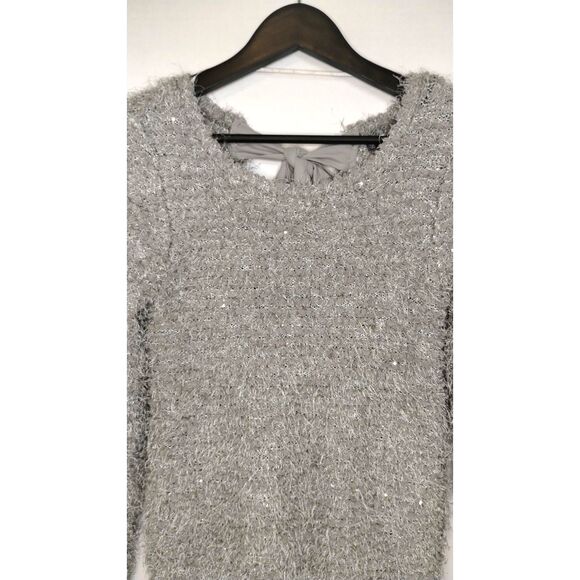 JENNIFER LOPEZ grey silver glitter furry size XSmall Sweater tie silk back - Picture 3 of 10